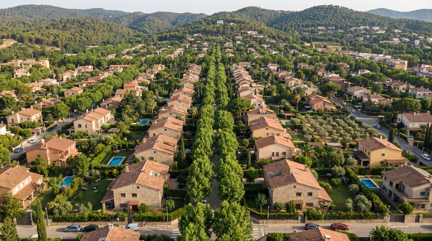 Aerial view of a green Mediterranean suburb with tree-lined streets and gardens